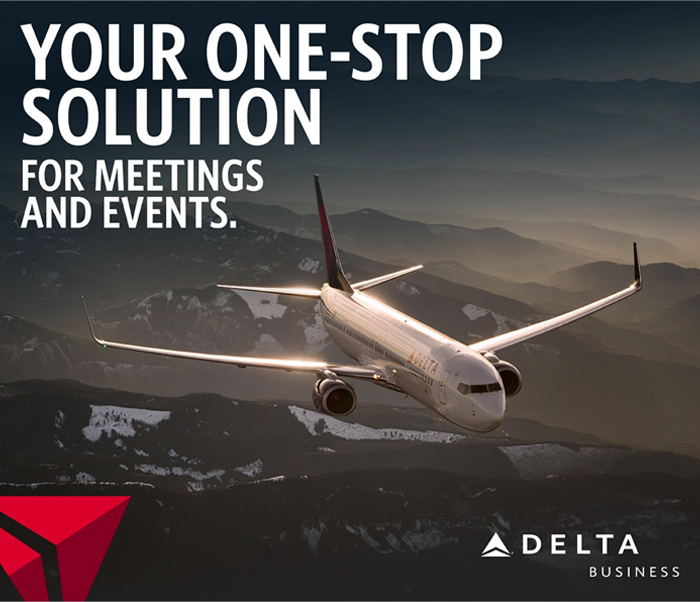 Airplane in flight above mountains, with bold text promoting Delta as a solution for meetings and events, featuring Delta's logo.