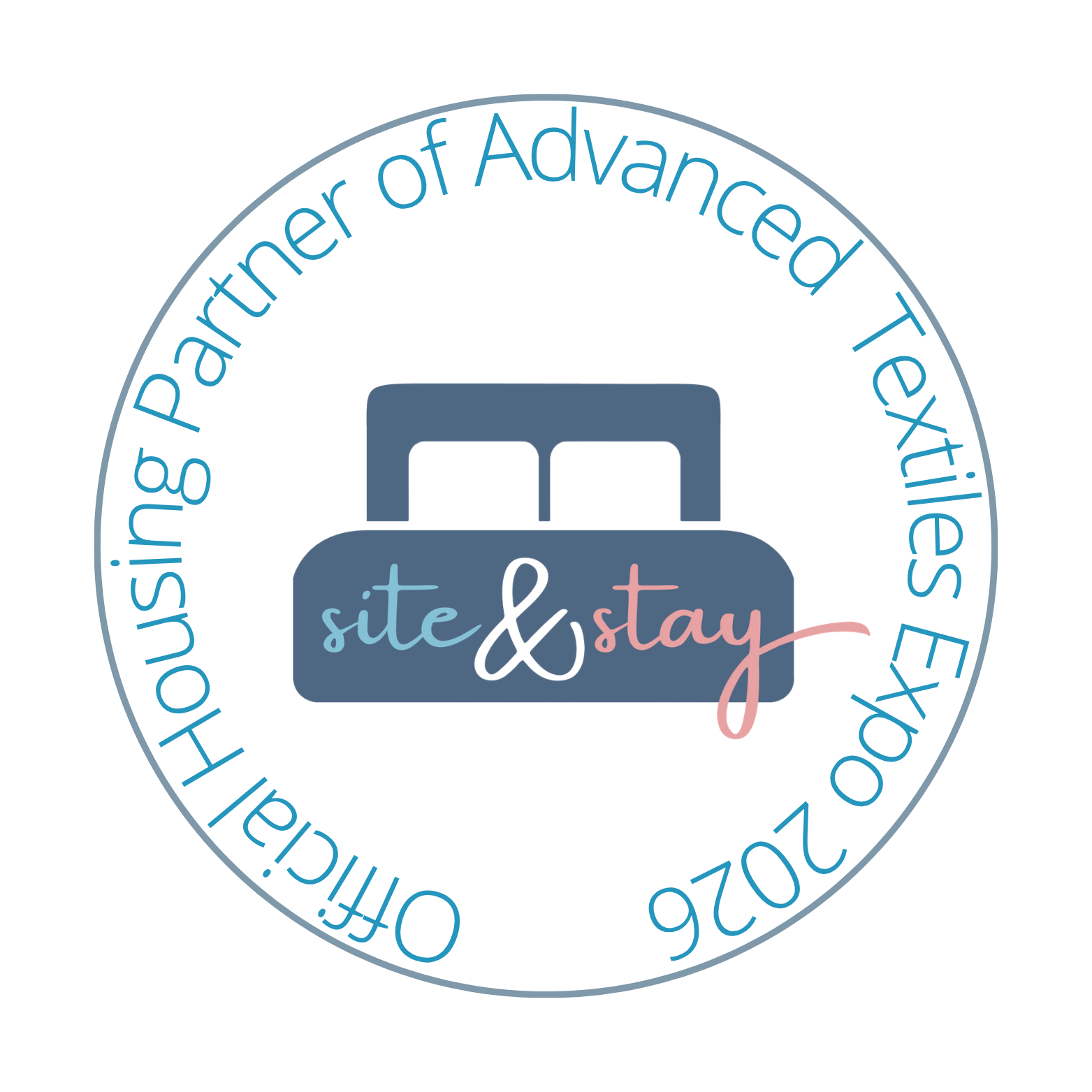 Logo featuring a bed icon with the text "site & stay" in blue and pink, surrounded by "Official Housing Partner of Advanced Textiles Expo 2026."
