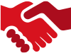 Red handshake icon representing partnership or collaboration on a white background. Simple and modern design.