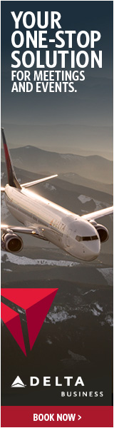 A commercial airplane flies above mountains, showcasing a clear sky. The lower section includes promotional text for Delta Business.