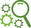 Green magnifying glass overlaying three interlocking gears, depicting analysis and problem-solving themes.
