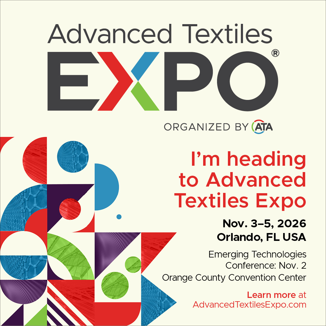 Event promotional graphic featuring colorful geometric shapes, highlights "Advanced Textiles Expo" with dates and location details, inviting attendees.