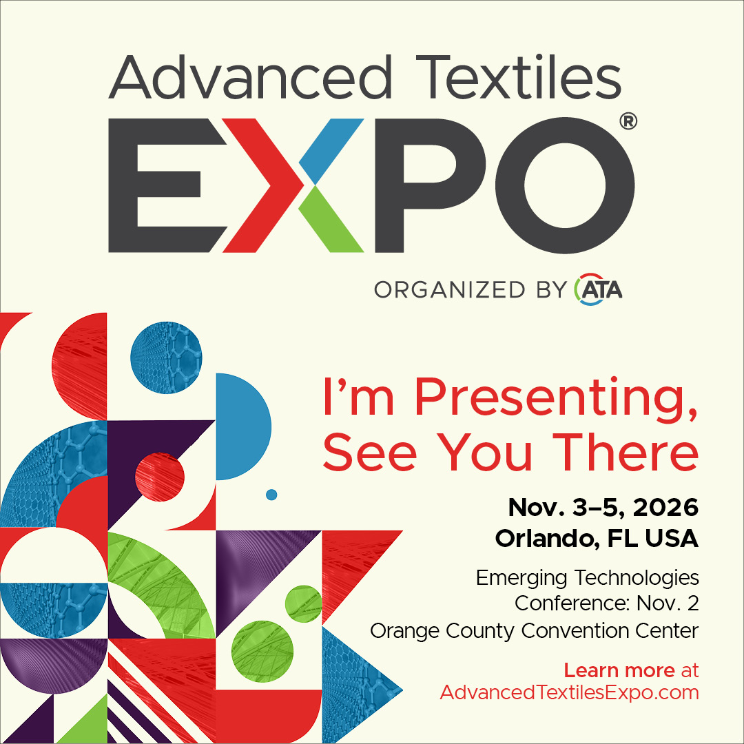 Colorful geometric shapes surround the text promoting the Advanced Textiles Expo, scheduled for November 3-5, 2026, in Orlando, FL.