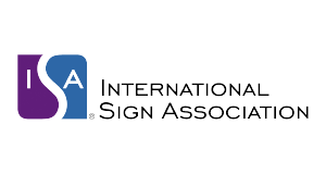 Logo featuring the letters "ISA" in purple and blue, accompanied by the full name "International Sign Association" in black.