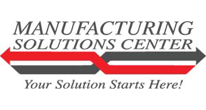 Logo featuring bold text "Manufacturing Solutions Center" in gray and red, with an abstract graphic of arrows and the tagline "Your Solution Starts Here!"