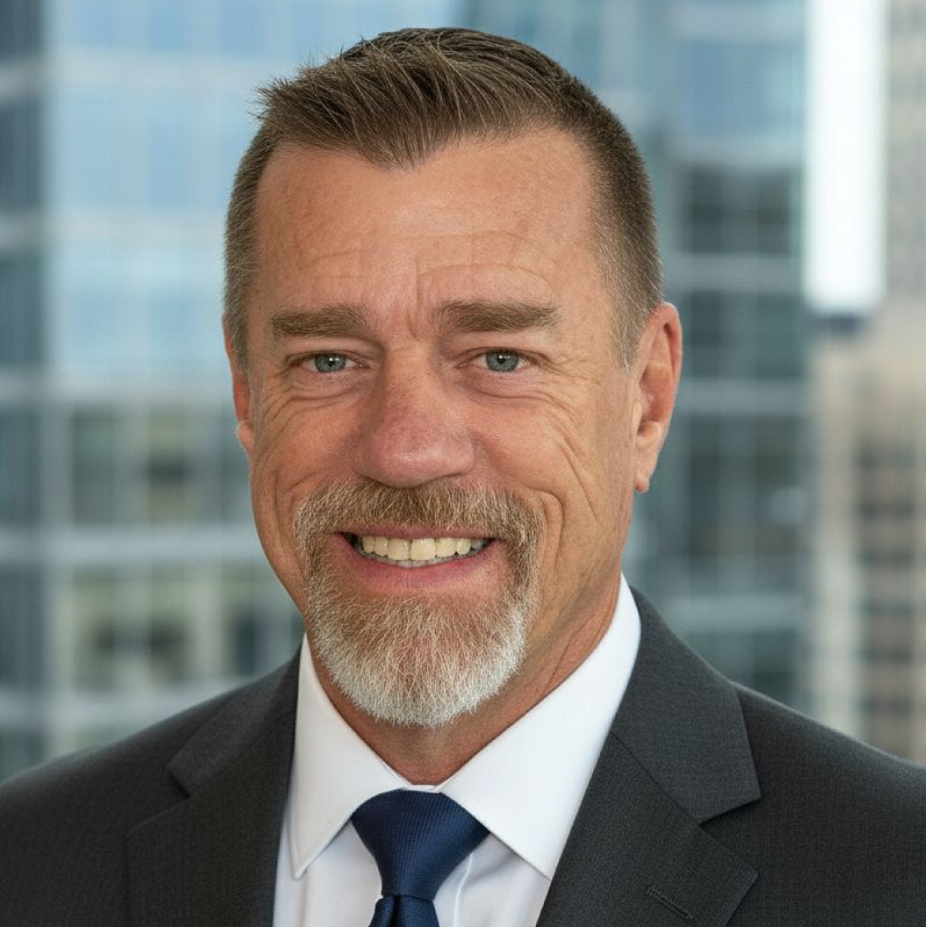 Smiling man in a dark suit and blue tie, with short hair and a goatee, set against a blurred urban backdrop.