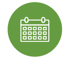 Green circular icon featuring a white calendar outline with two tabs at the top, representing scheduling or events.