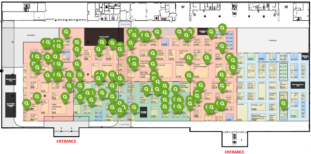 Map layout featuring various colored sections and numerous marked locations, indicating specific rooms or areas within a military facility.
