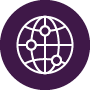 White globe icon with interconnected nodes on a purple background, representing global networking.