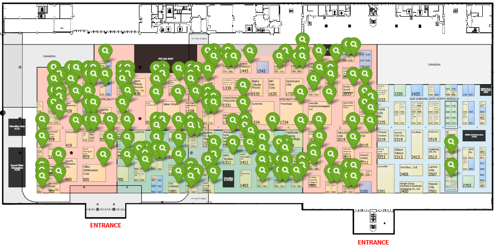 A detailed floor map featuring a grid layout with numerous green markers indicating points of interest, labeled with alphanumeric codes.