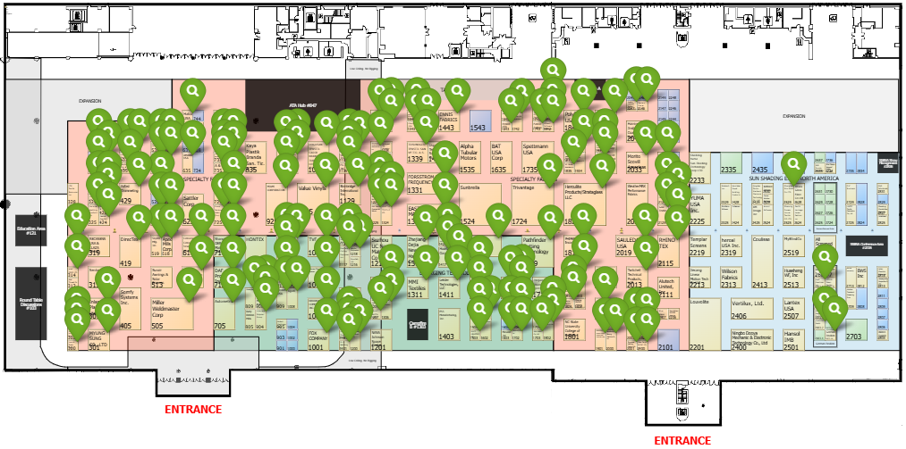 Floor plan featuring a layout of rooms and spaces, marked with green location pins, along with key color zones and entrances highlighted.