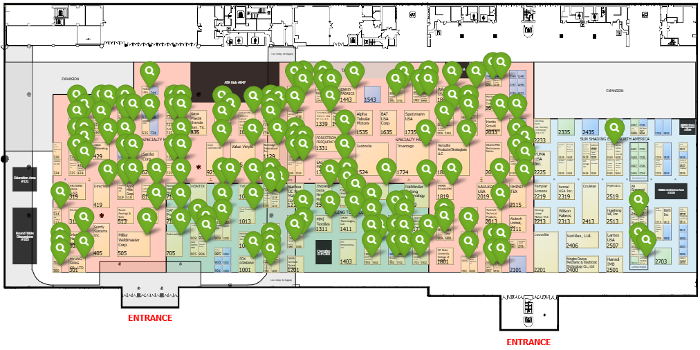 A layout map showing multiple stalls and sections, marked with green location pins, with red labels indicating entrances.