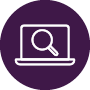 White laptop with a magnifying glass icon on a purple circular background.