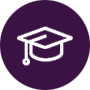 Purple circular icon featuring a white graduation cap, symbolizing education and expertise.