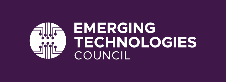 Purple background featuring a circular logo with circuit patterns, alongside the text "EMERGING TECHNOLOGIES COUNCIL" in white.
