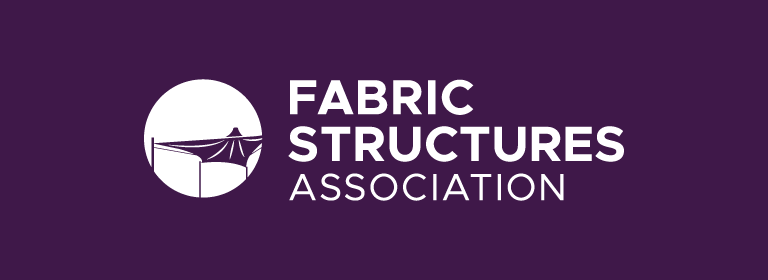 Logo featuring a white silhouette of a canopy overlaid on a purple background, with the text "Fabric Structures Association" in bold white letters.