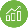 White line graph with an upward trend, set against a vibrant green circular background.