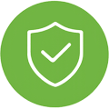 A green circular icon featuring a shield with a checkmark inside, symbolizing security and trust.