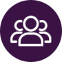 A circular purple icon featuring three stylized user silhouettes, representing community or collaboration.