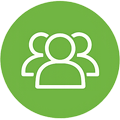 White icon of three stylized people on a bright green circular background.