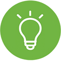 Green circular icon featuring a white light bulb, symbolizing ideas or learning.