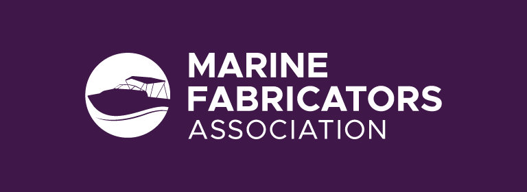 Logo featuring a white boat silhouette within a circular shape, alongside the text "MARINE FABRICATORS ASSOCIATION" in white on a deep purple background.