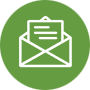 White envelope icon with a piece of paper inside, set against a circular green background.