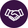 Two hands clasped in a handshake, outlined in white, centered within a solid purple circle.