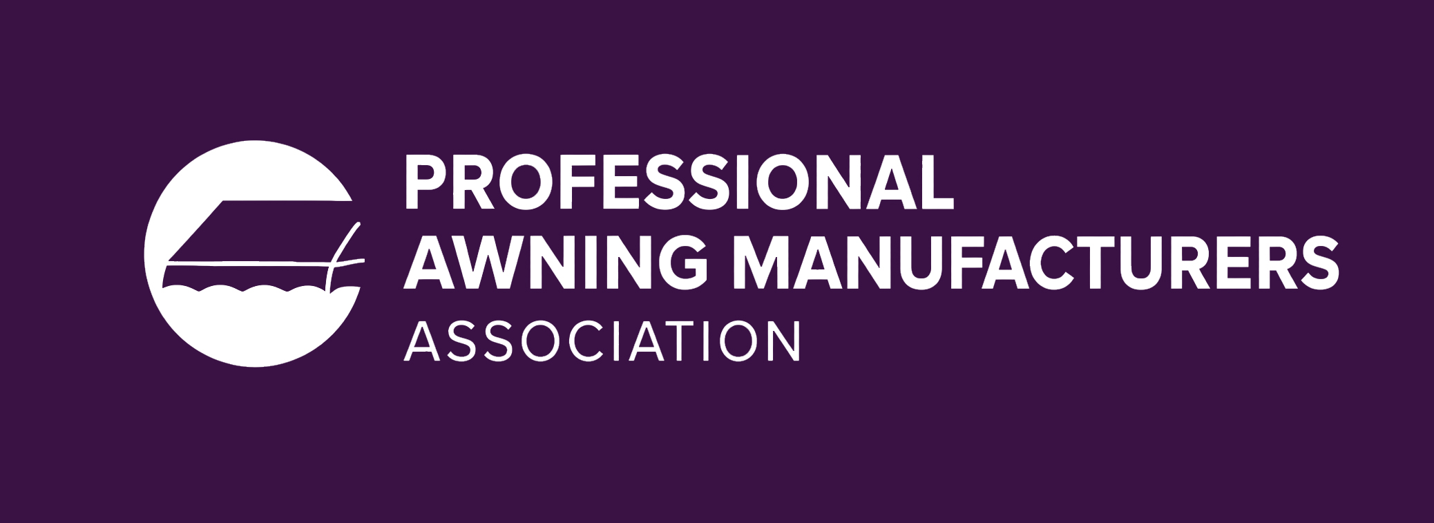Purple background featuring a white circular logo with a stylized awning, alongside the text "Professional Awning Manufacturers Association."