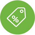 Green circular icon featuring a price tag with a percentage symbol, indicating a discount or savings offer.