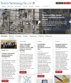 A web page layout displaying articles on textile technology, featuring images, headlines, and a light color scheme with a clean, organized design.