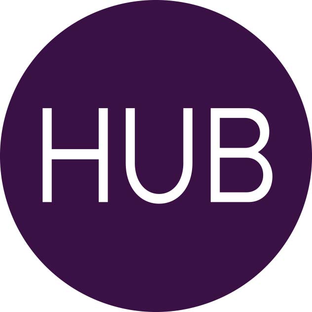Circular purple logo featuring the word "HUB" in bold white letters, centrally positioned.