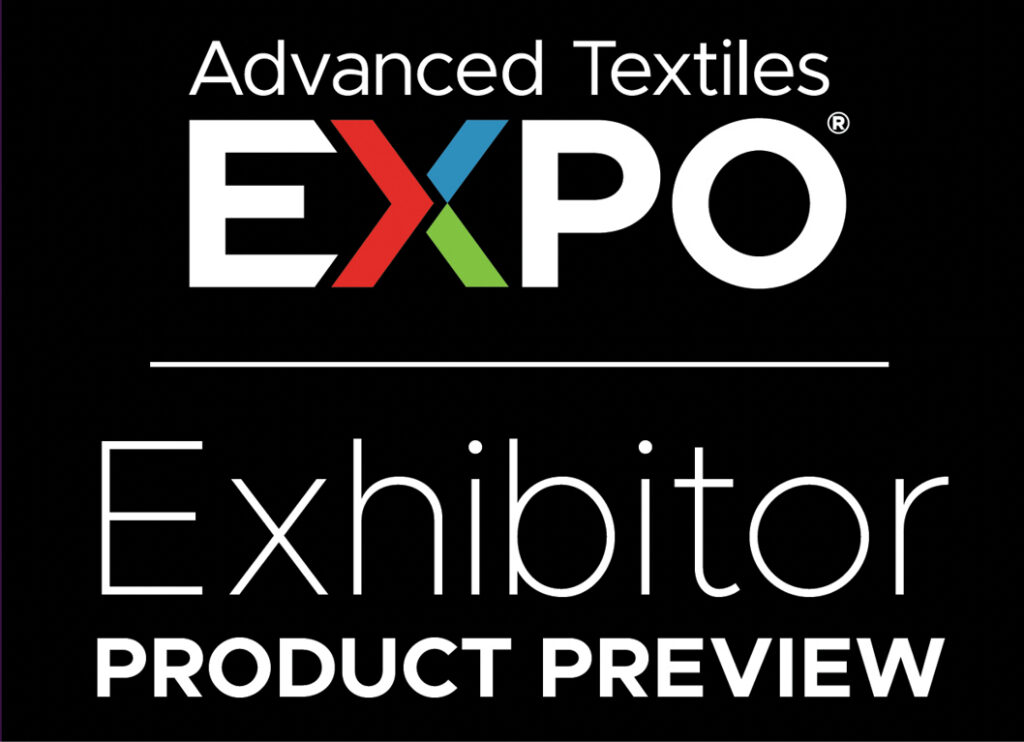 Graphic promoting the annual Advanced Textiles Expo Exhibitor Product Preview with stylized text featuring "EXPO" in bold colors (red, green, blue) above "Exhibitor" and "PRODUCT PREVIEW" in sleek, white font on a black background.