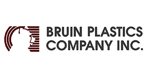 Logo featuring a silhouette of a head in profile, with red and white curved lines and the text "Bruin Plastics Company Inc." in bold black.