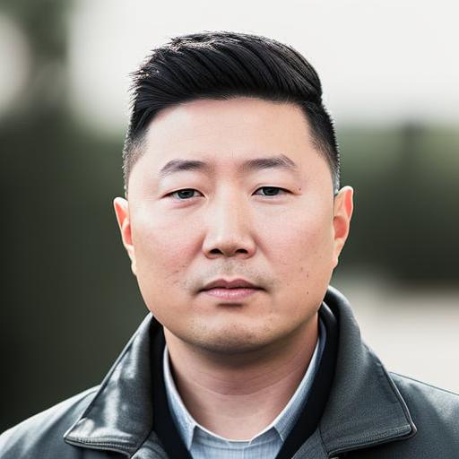 A man with short black hair and a serious expression, wearing a gray jacket over a light blue shirt, outdoors with a blurred background.