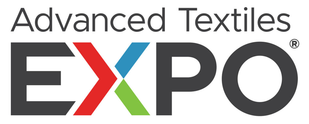 Logo featuring the text "Advanced Textiles" above a bold "EXPO" in gray, with "E" in red, "X" in blue, and "P" in green.